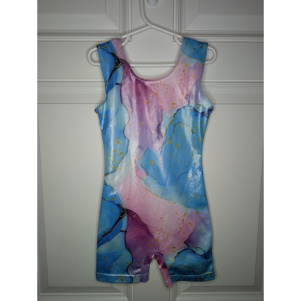 Girls Leotard Pink Blue Shiny Marble Dance Ballet Size M (6/8 Or 130 Cm)